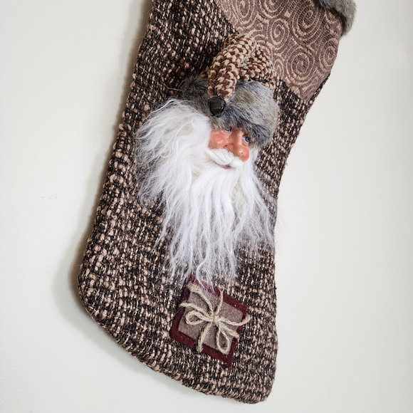 3D Santa Claus Sculpture Christmas Stocking Tweed Fur Trim - Picture 4 of 7